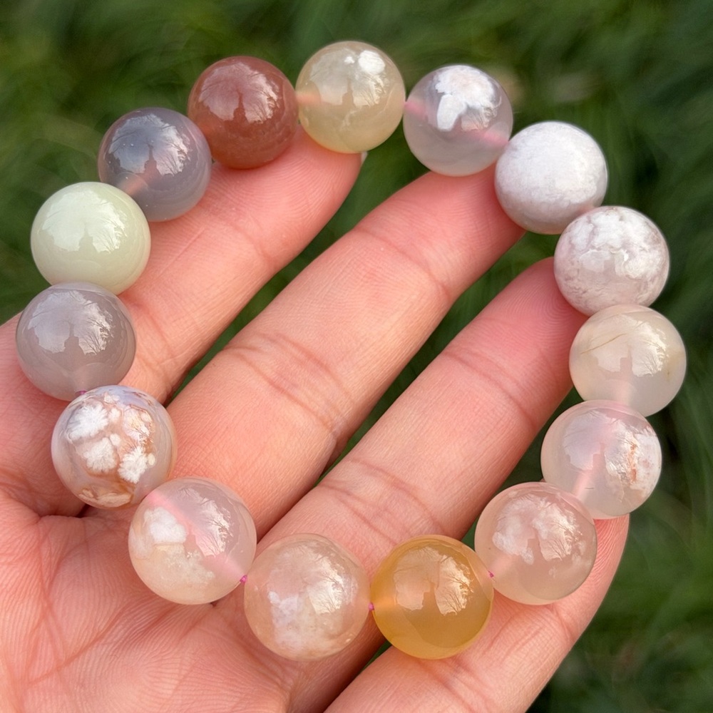 13.5mm stretchable‎ natural high quality flower agate bracelet 1057